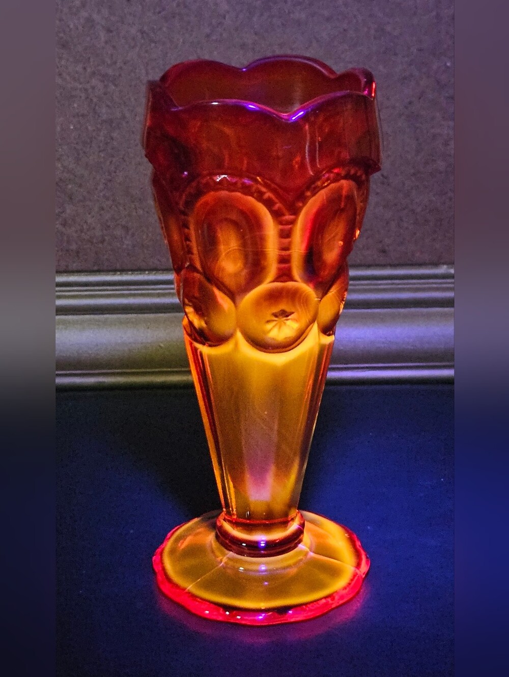 Vintage L.E. Smith Glass Amberina Red Orange Moons & Stars Vase